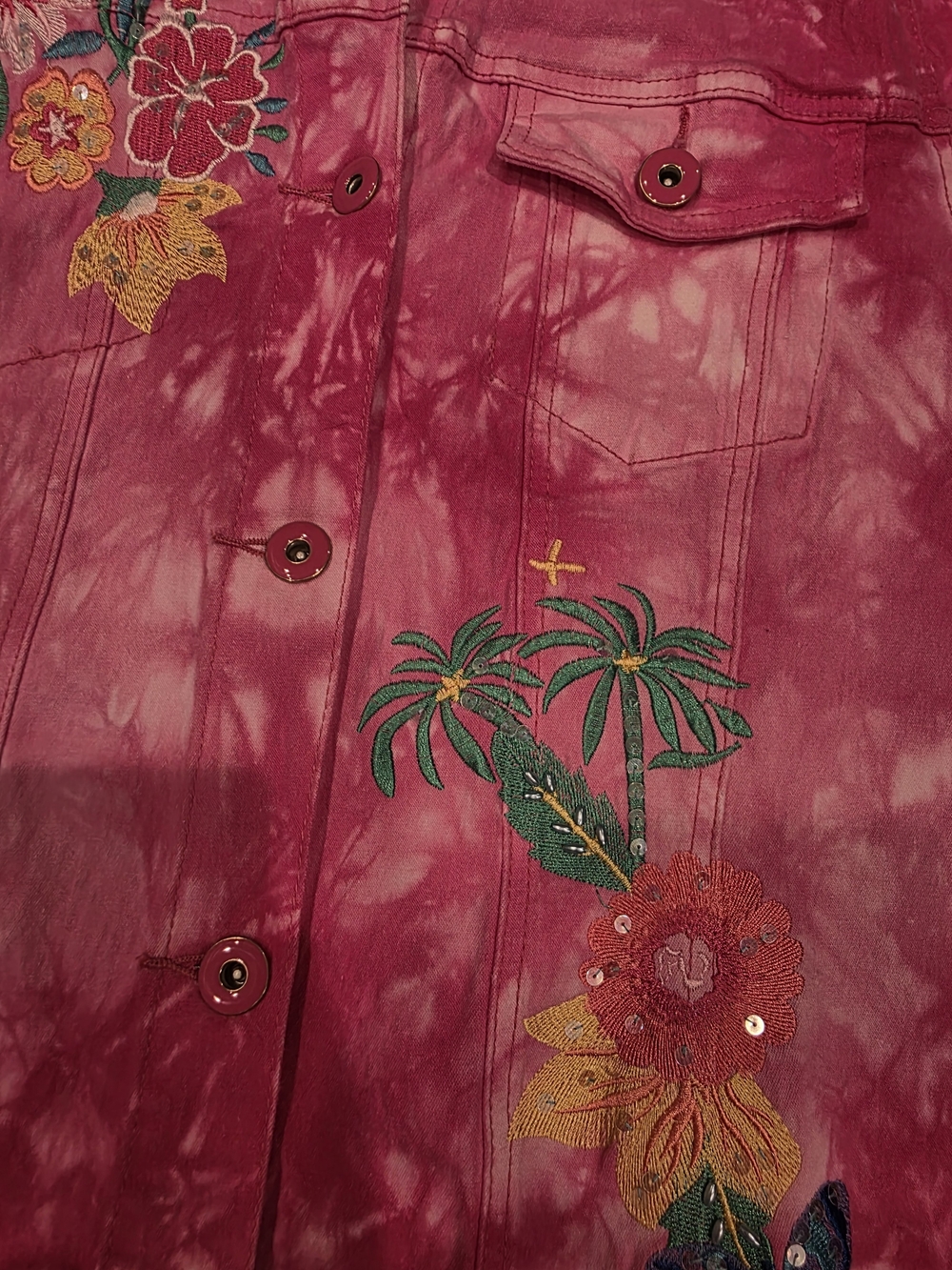 Vintage DG2 By Diane Gillman Tie Dye Floral Stitched Jean Jacket Lg - Picture 4 of 12